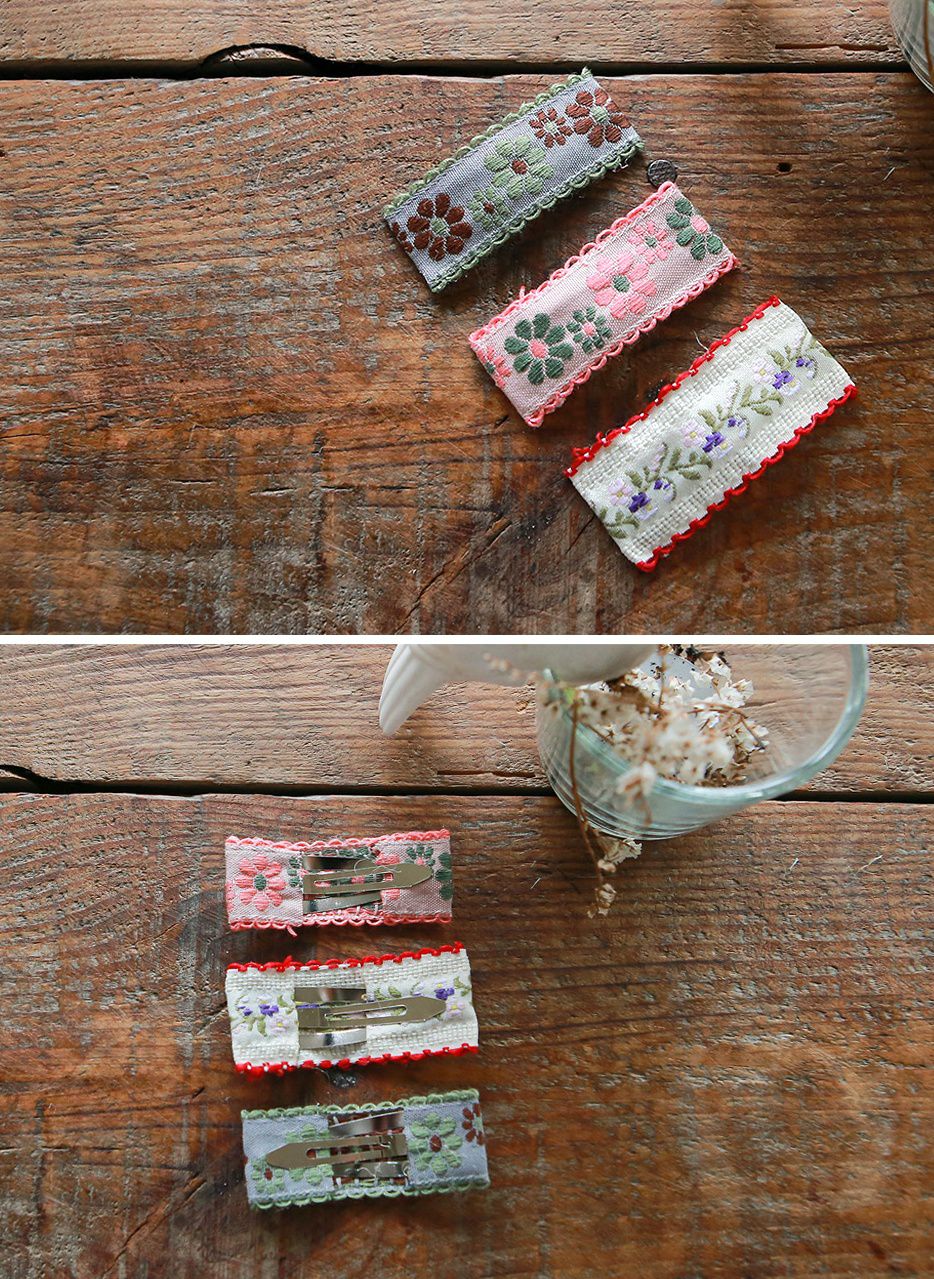 韓國 PuellaFLO - 滾邊刺繡花花髮飾/髮夾3入