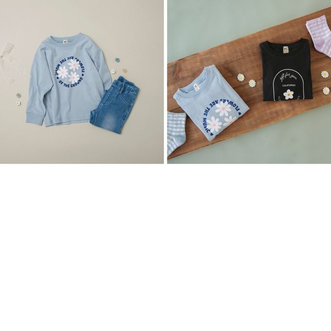 日本 BRANSHES - 100%棉 女孩印花薄長袖上衣-花環小白花-寶寶藍