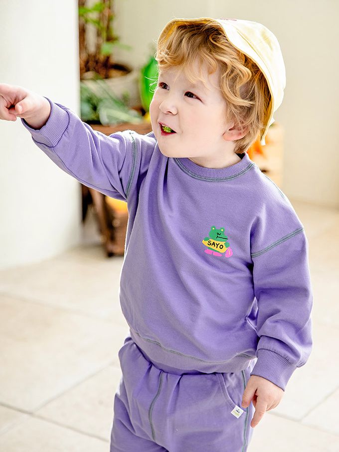 韓國 Pimpollo - 胸前鱷魚點綴圓領長袖套裝-粉橘