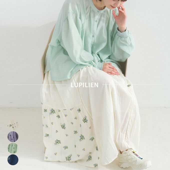 日本 Lupilien - 100%印度棉 優美植物刺繡長裙-海軍藍