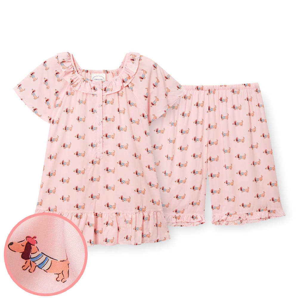 (媽媽)輕柔嫘縈短袖睡衣套裝-臘腸狗-粉