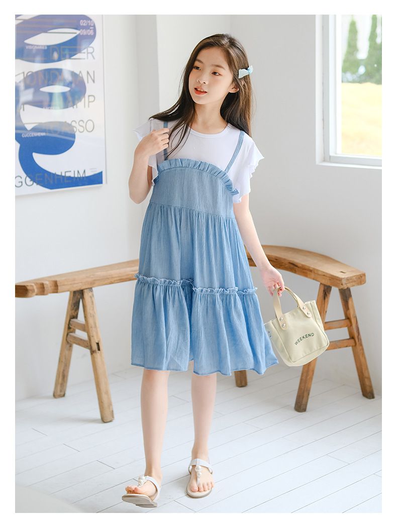 假兩件式拼接蛋糕裙洋裝-藍+白