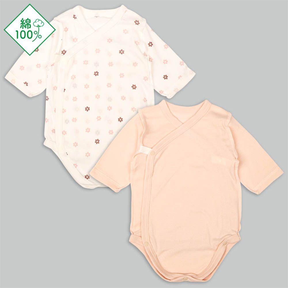 輕鬆方便長袖包屁衣2件組-前開式 小花-橘色