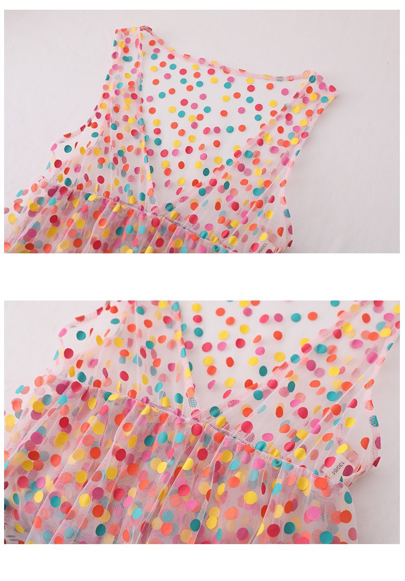 圓領短袖繽紛吊帶網紗蛋糕裙-圓點-白色-上衣+裙子