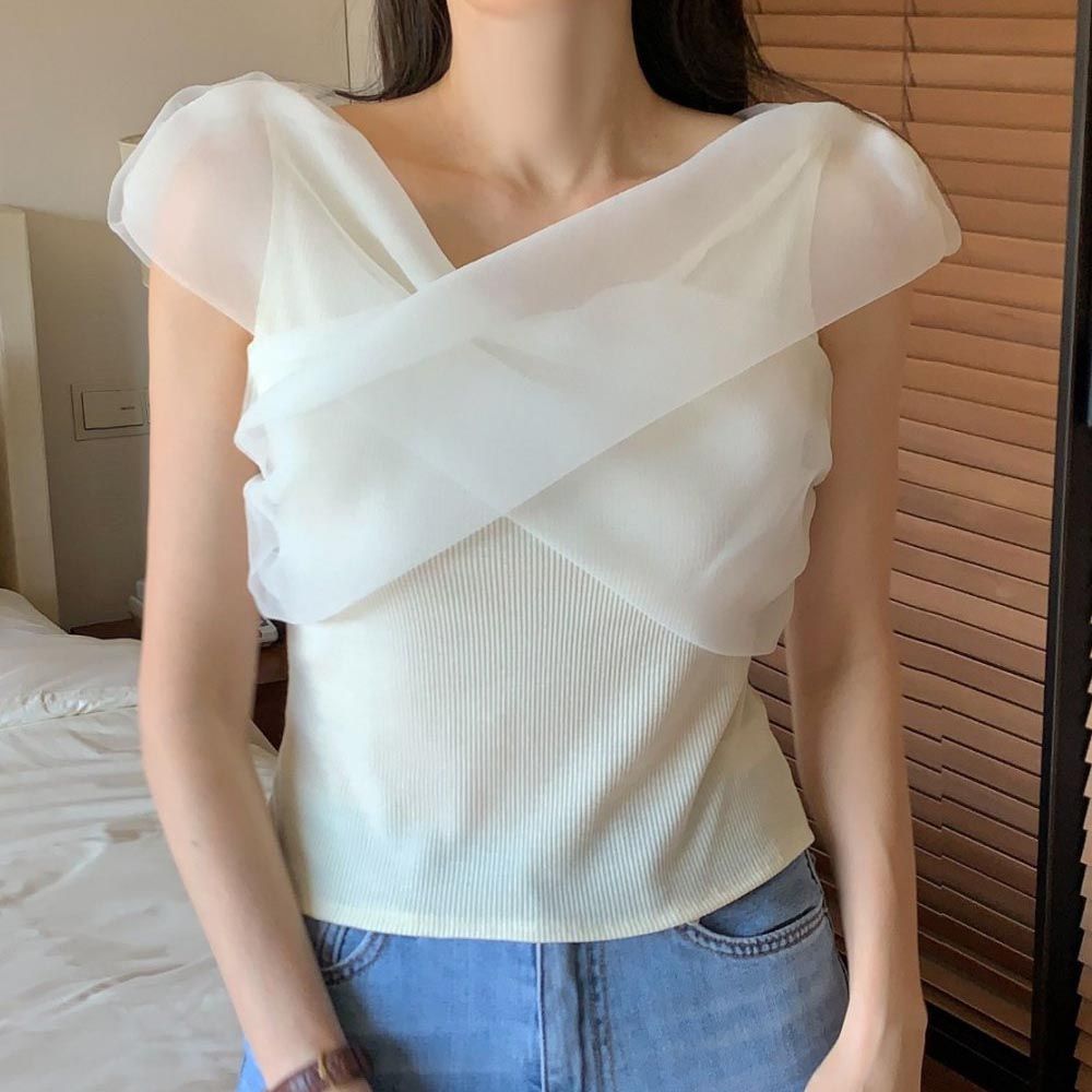 韓國女裝連線 - 造型交叉網紗點綴彈性上衣-淡黃 (FREE)