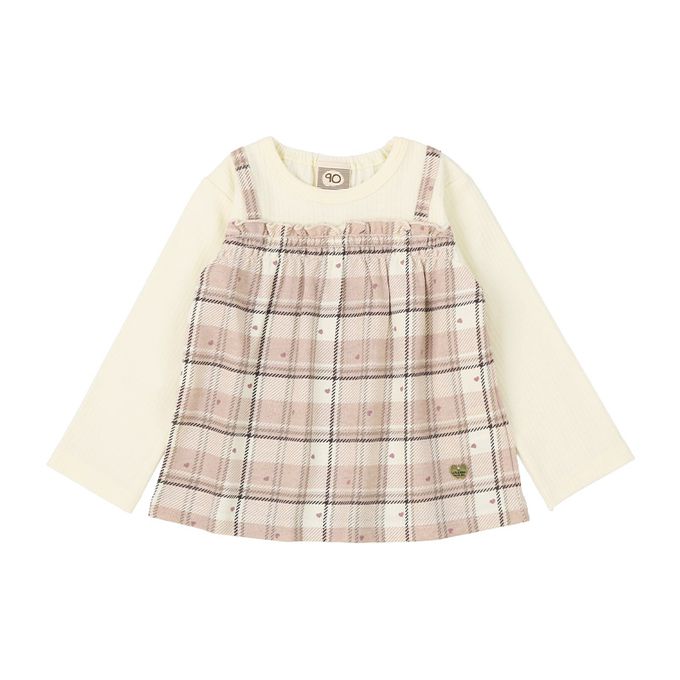 日本 ZOOLAND - 甜蜜愛心假二件格紋長袖上衣-格紋-米白