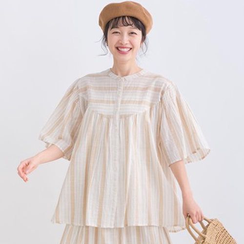 日本 Lupilien - 100%印度棉 自然紗線感短袖襯衫-卡其條紋