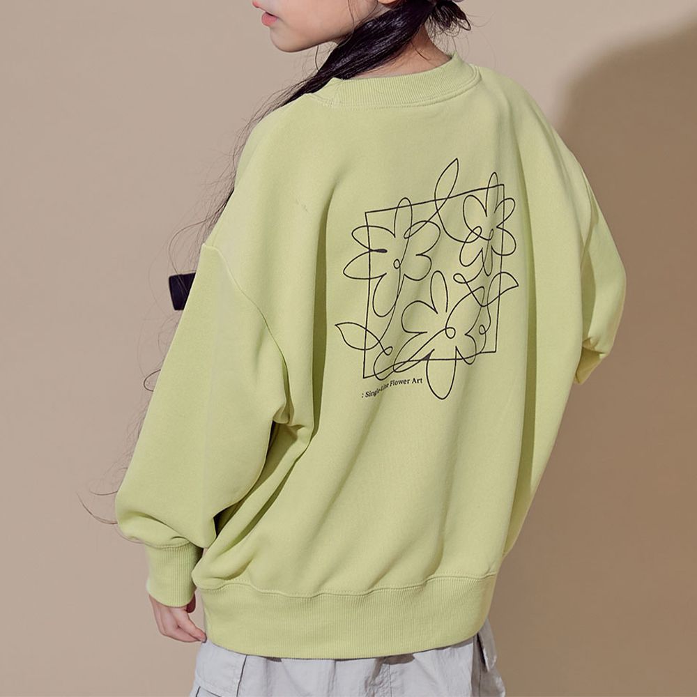 定番款 印花裏毛長袖上衣-線條花朵-萊姆黃