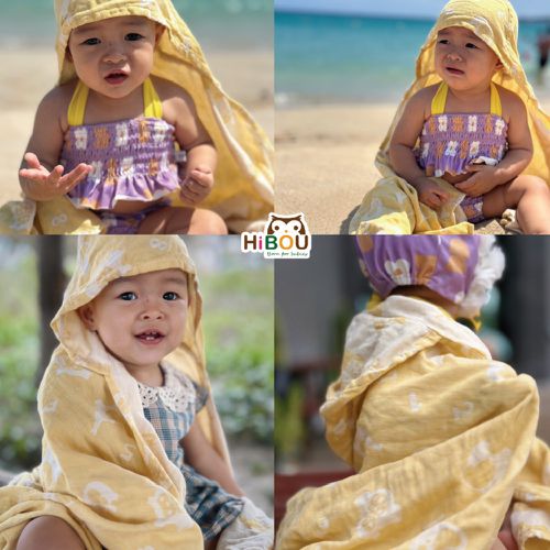 日本雙重緹花連帽幼童吸水浴巾_適合0-6歲-游泳浴巾洗澡浴巾輕薄好攜帶-黃色福氣小鷹 (黃色福氣小鷹)