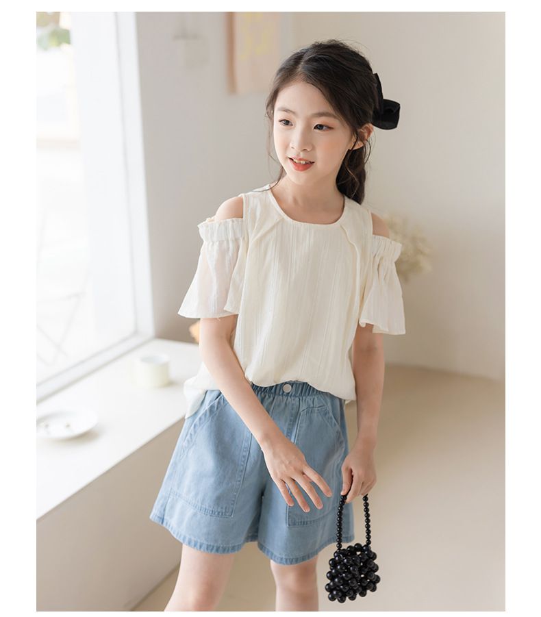 氣質花袖露肩上衣-米色