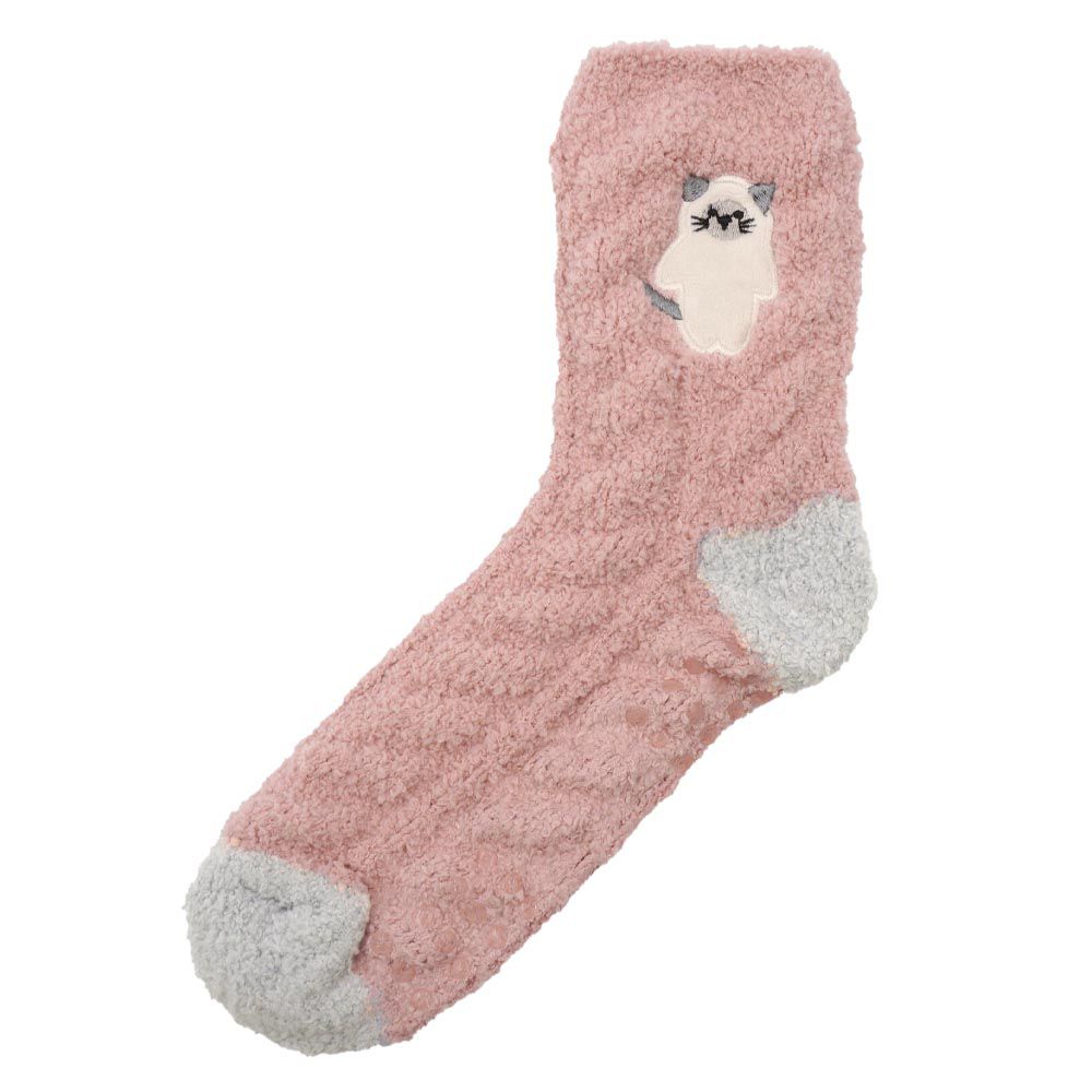 日本 friendshill - 可愛刺繡柔軟針織保暖長襪-懶懶貓-粉紅 (22-25cm)