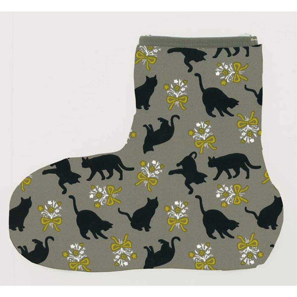 日本丸和 - 雙層機能裏起毛防滑室內襪-貓咪與花束-灰 (21-25cm)-短筒