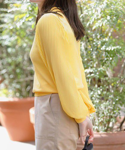 日本 Bou Jeloud - 異材質拼接百摺長袖上衣-萊姆黃