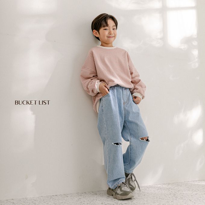 韓國 BUCKET LIST - 鬆緊腰刷破丹寧牛仔長褲-淺藍