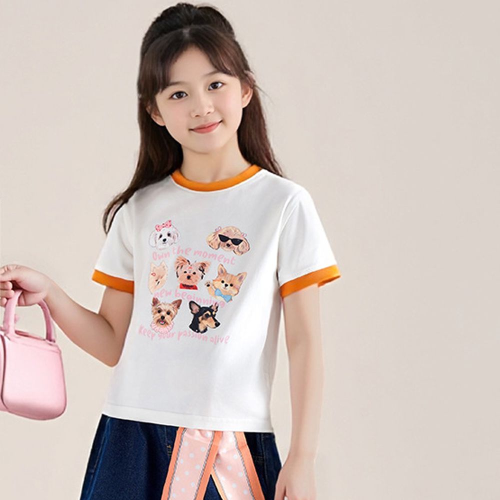 涼感撞色印花短袖上衣/T恤-杏色