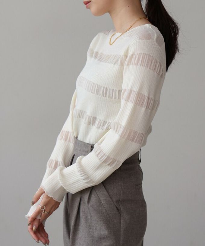 日本 Bab - 魅力條紋透膚針織長袖上衣-灰