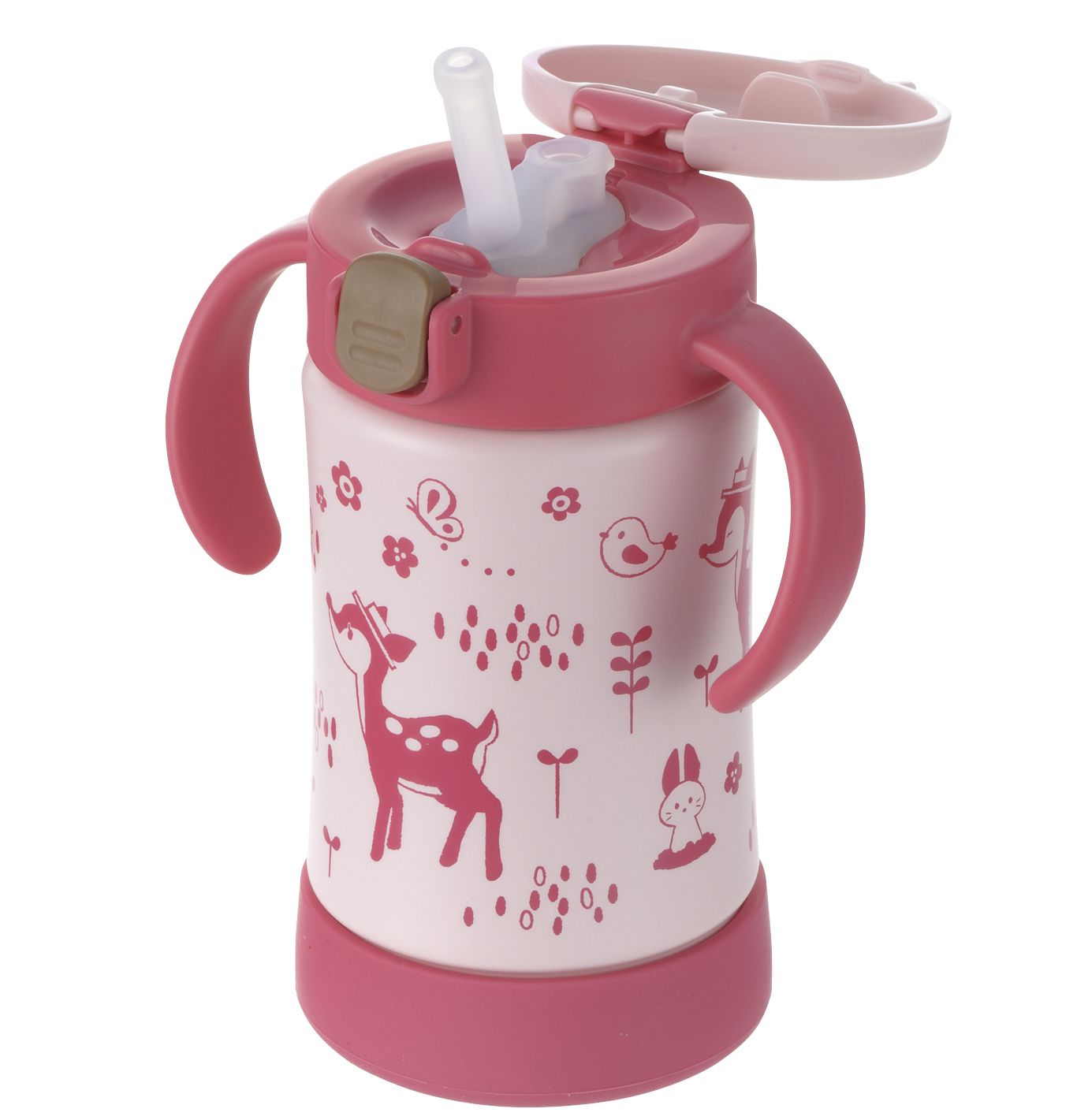 日本 Richell 利其爾 - 花間鹿三階段不鏽鋼水杯禮盒組-吸管配件X2組、360度直飲上蓋(含墊圈)、鴨嘴吸管杯、不鏽鋼吸管杯-紅/粉-8個月適用