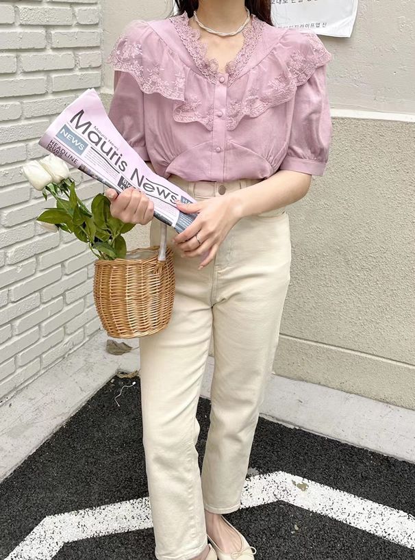 日本 GRL - 浪漫花蕾絲泡泡短袖排釦襯衫-白