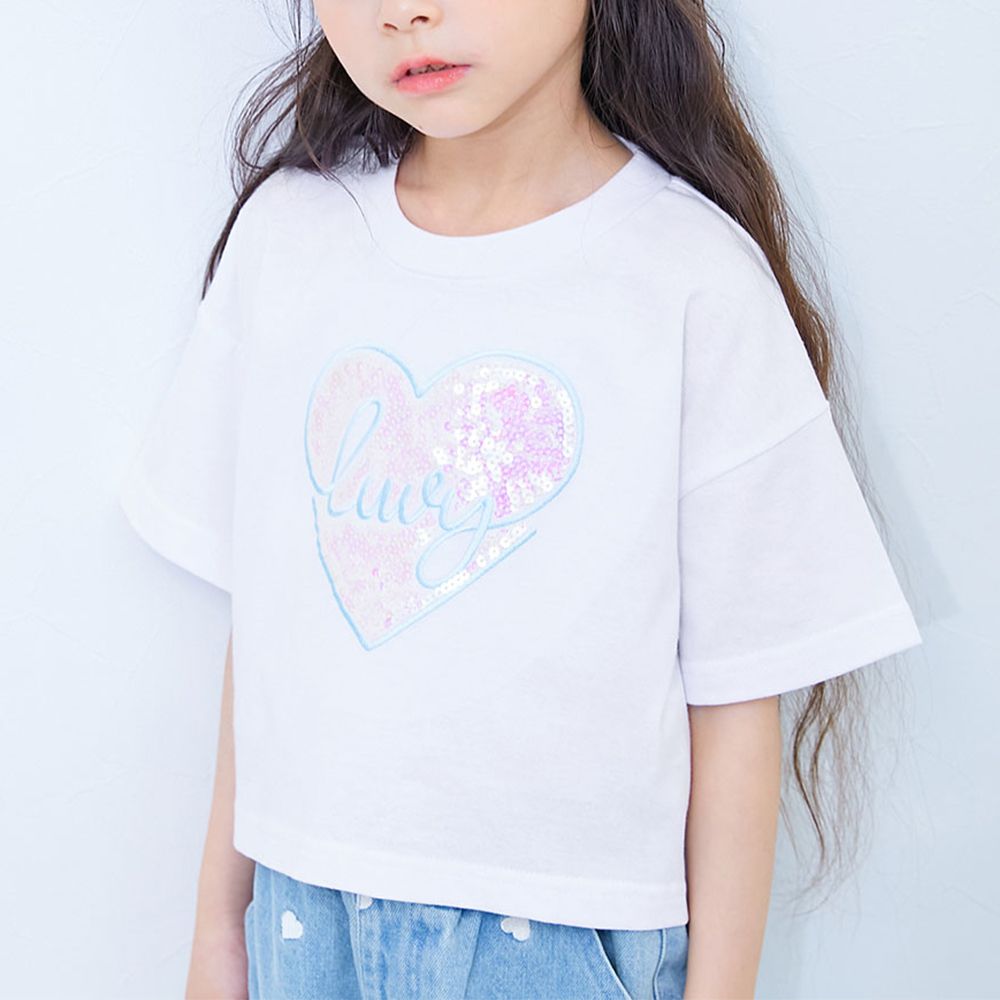 閃亮愛心刺繡短袖上衣-白