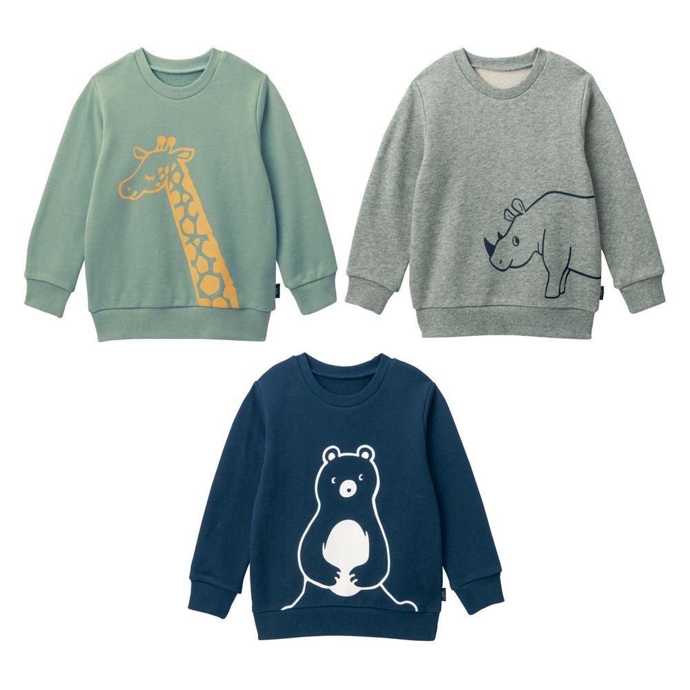 日本千趣會 - GITA 超值裏毛T恤三件組(長袖)-動物好朋友-深藍綠灰
