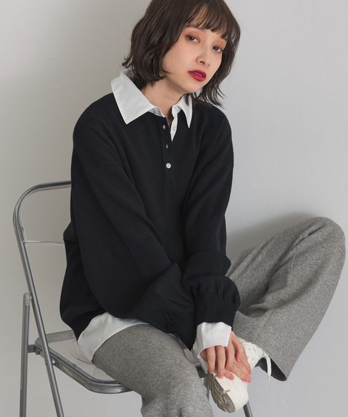 日本 ELENCARE DUE - 假二件襯衫領輕盈落肩長袖上衣-開心果綠