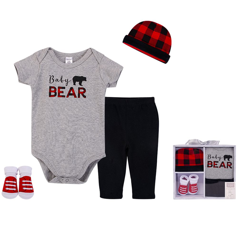 美國 Luvable Friends - 甜蜜寶貝嬰幼兒包屁衣與長褲最佳送禮 4入彌月禮盒組-棕熊歷險