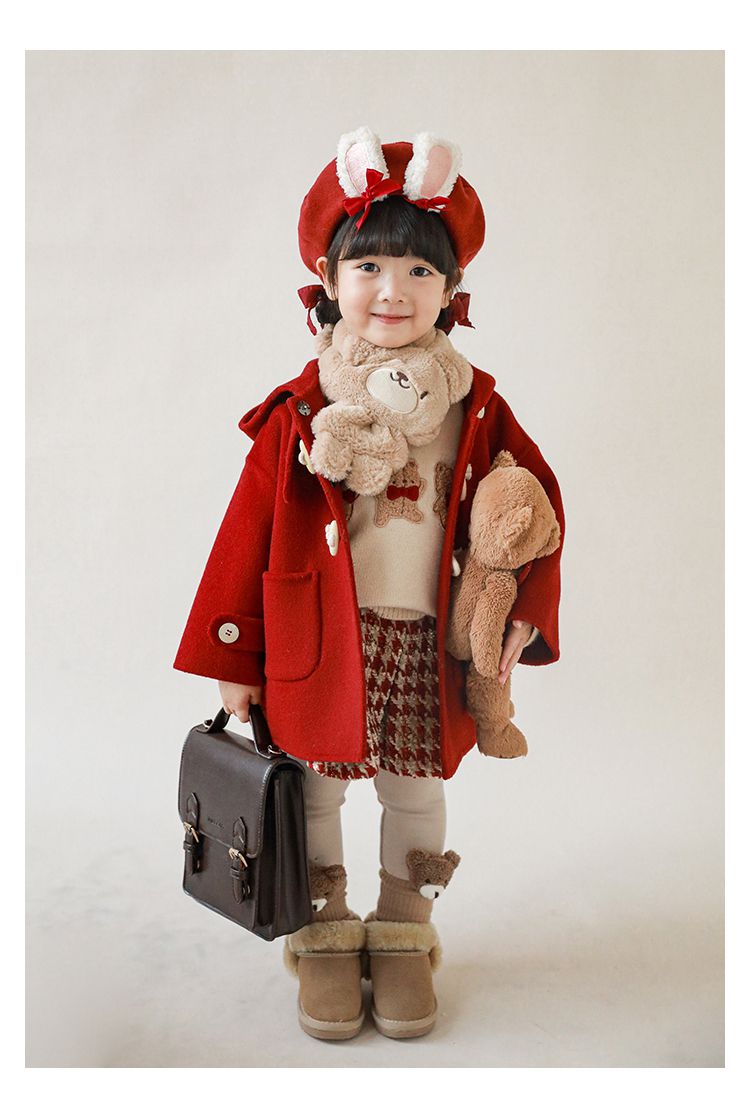 TONGMO - 加厚復古牛角釦連帽外套-駝色