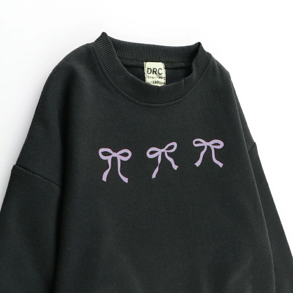 裏起毛 可愛女孩縮口長袖上衣-蝴蝶結-黑