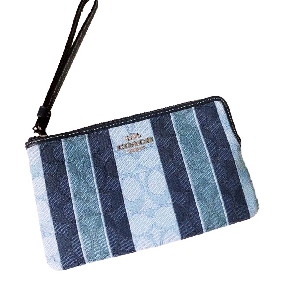 條紋滿版LOGO皮革手拿包 (牛仔丹寧)