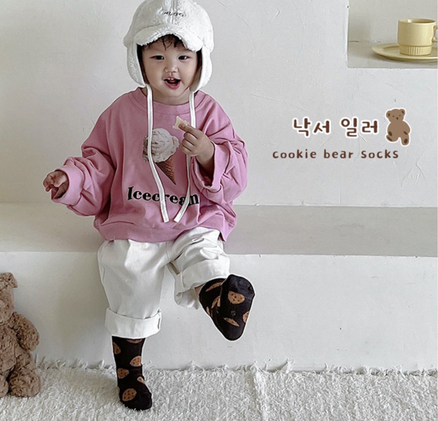 love, charlotte - 小熊與餅乾精梳棉中筒襪-3 雙一組