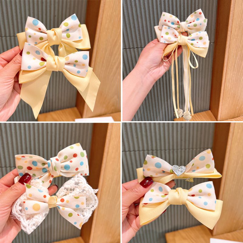 小清新布藝蝴蝶結圓點髮夾-拼色款-米白+黃
