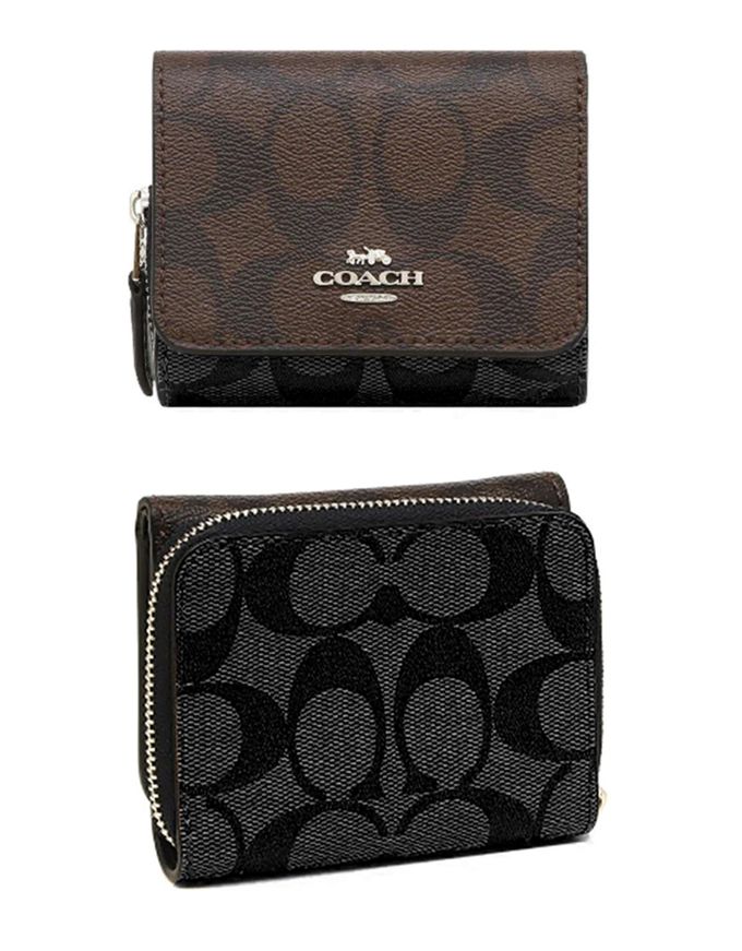 COACH - 馬車LOGO撞色皮革短夾 (咖黑)