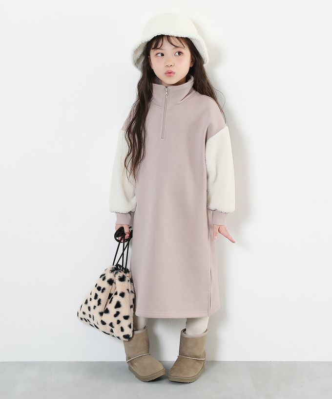日本 devirock - 裏起毛 半拉鍊溫暖拼接長袖洋裝-淡粉