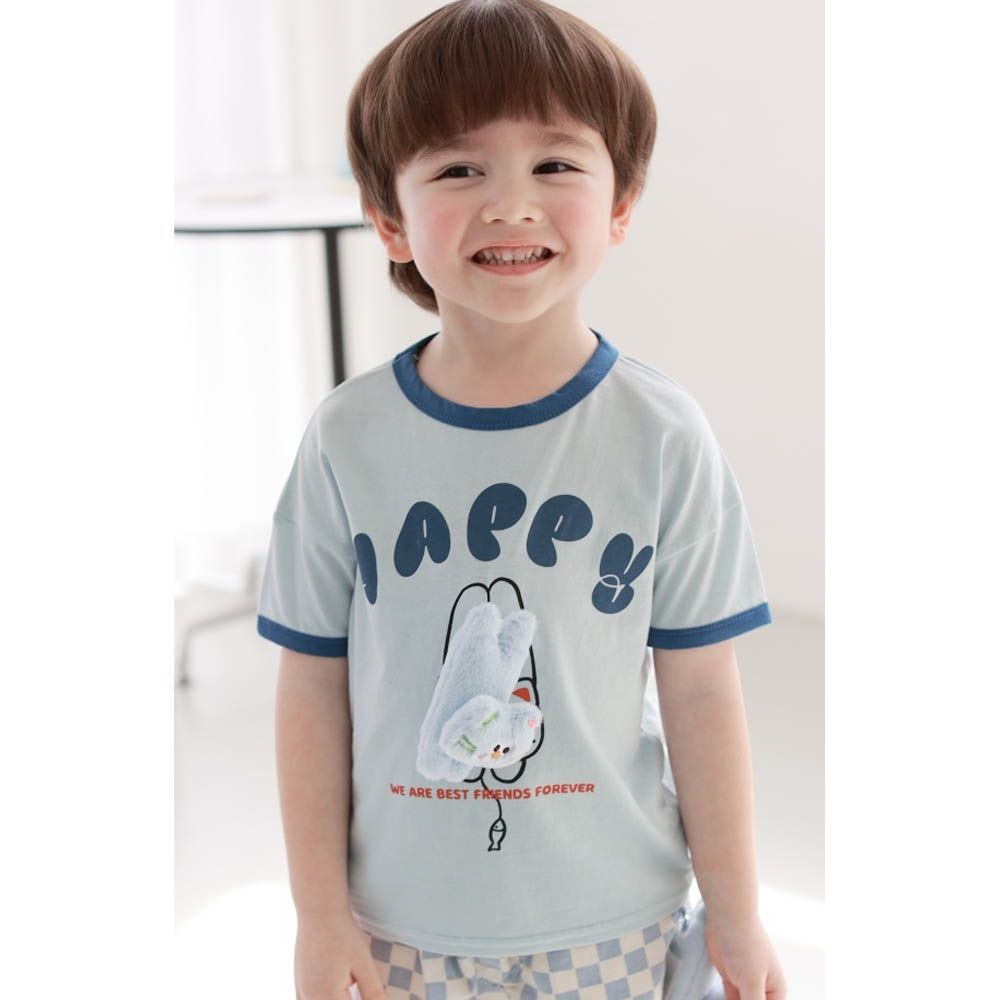 (附貓咪裝飾)貓咪捕魚短袖上衣-藍