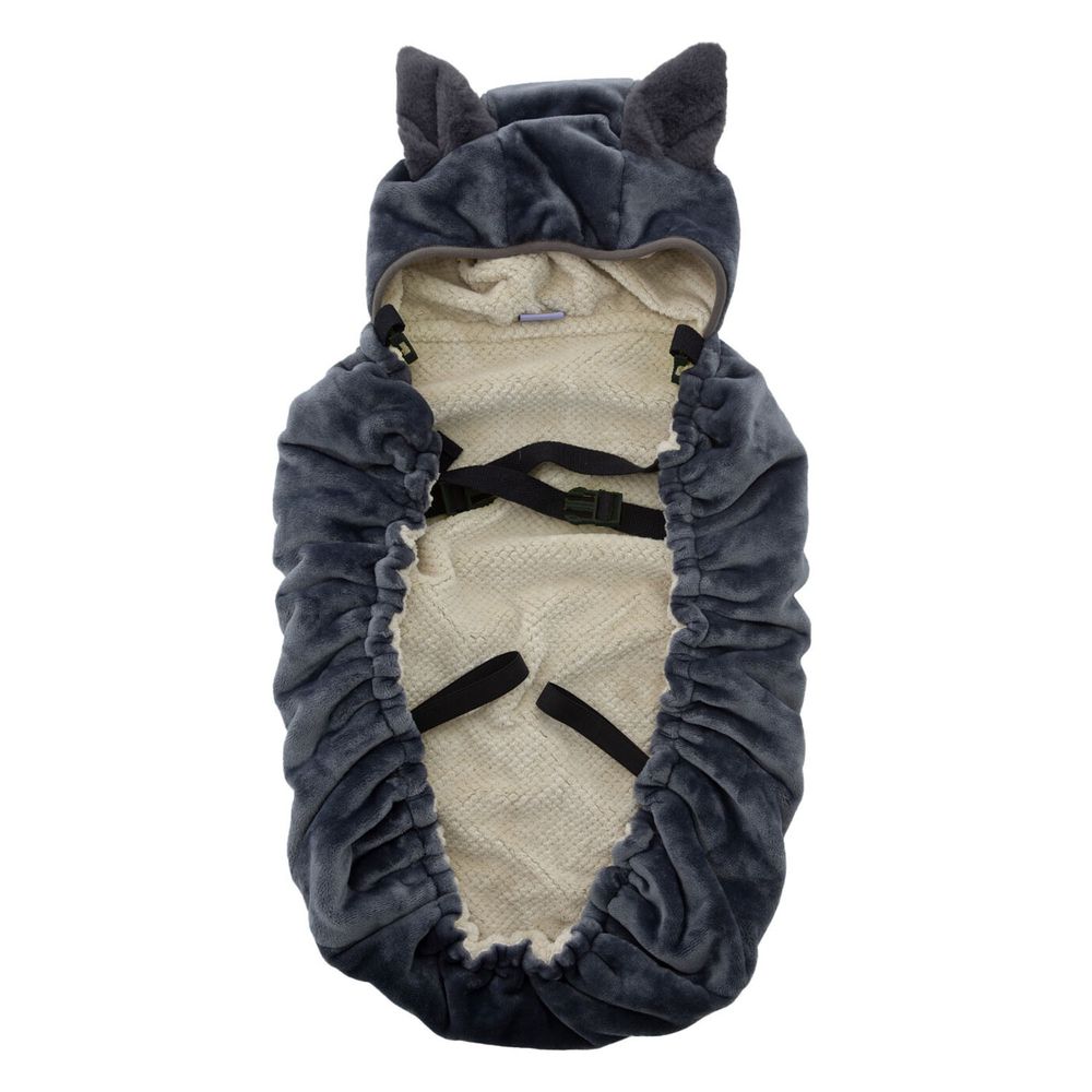 日本 BISQUE - 動物造型推車/背巾超柔軟保暖罩-貓咪-深藍灰 (70x75cm)