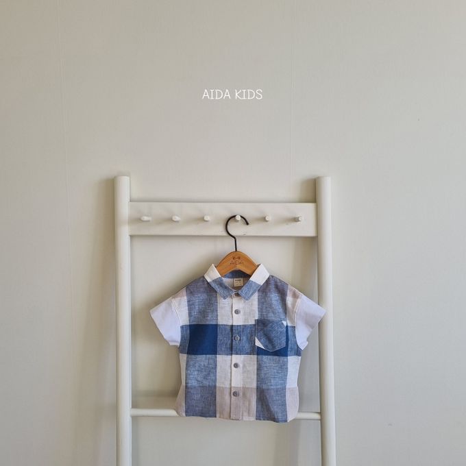 韓國 AIDA - 休閒風格子短袖翻領襯衫-藍X米