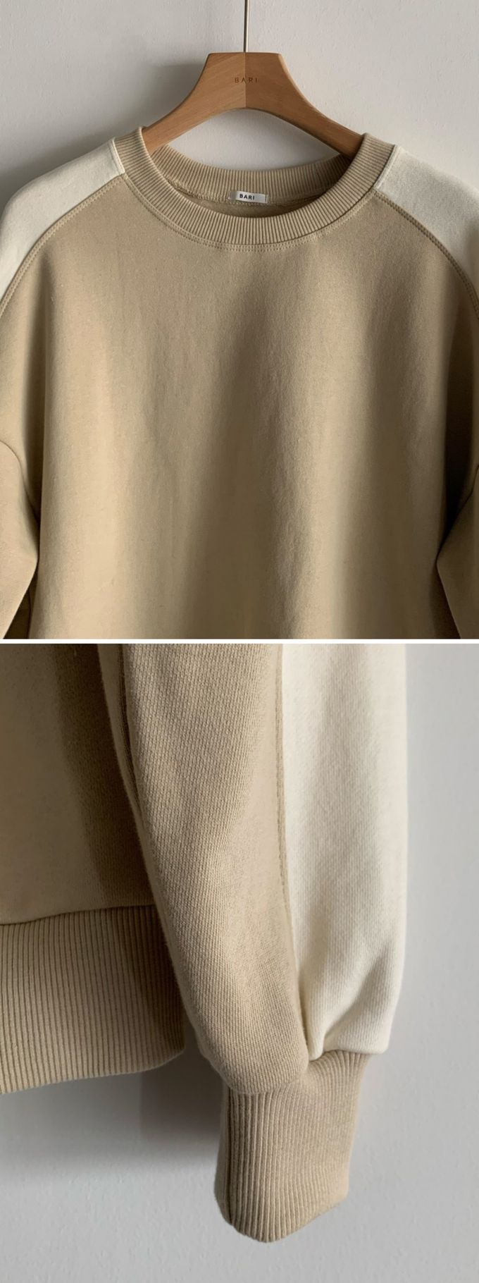 韓國女裝連線 - 撞色設計內磨毛大學T-卡其X米白 (FREE)