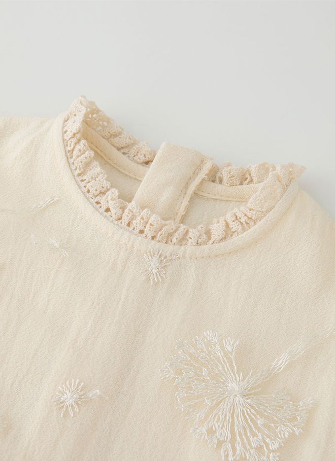 韓國 OZKIZ - 蒲公英繡拼接網紗連身洋裝-米