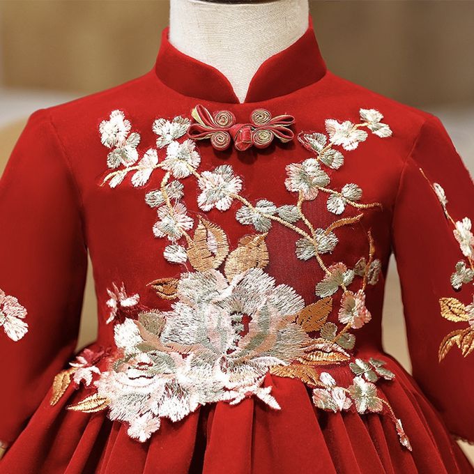 love, charlotte - 氣質中式繡花旗袍領絨面拜年洋裝禮服