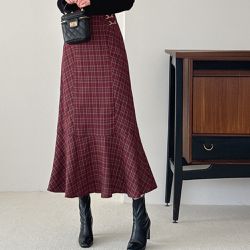 日本 GRL - 後腰鬆緊唯美金扣格紋魚尾裙-酒紅