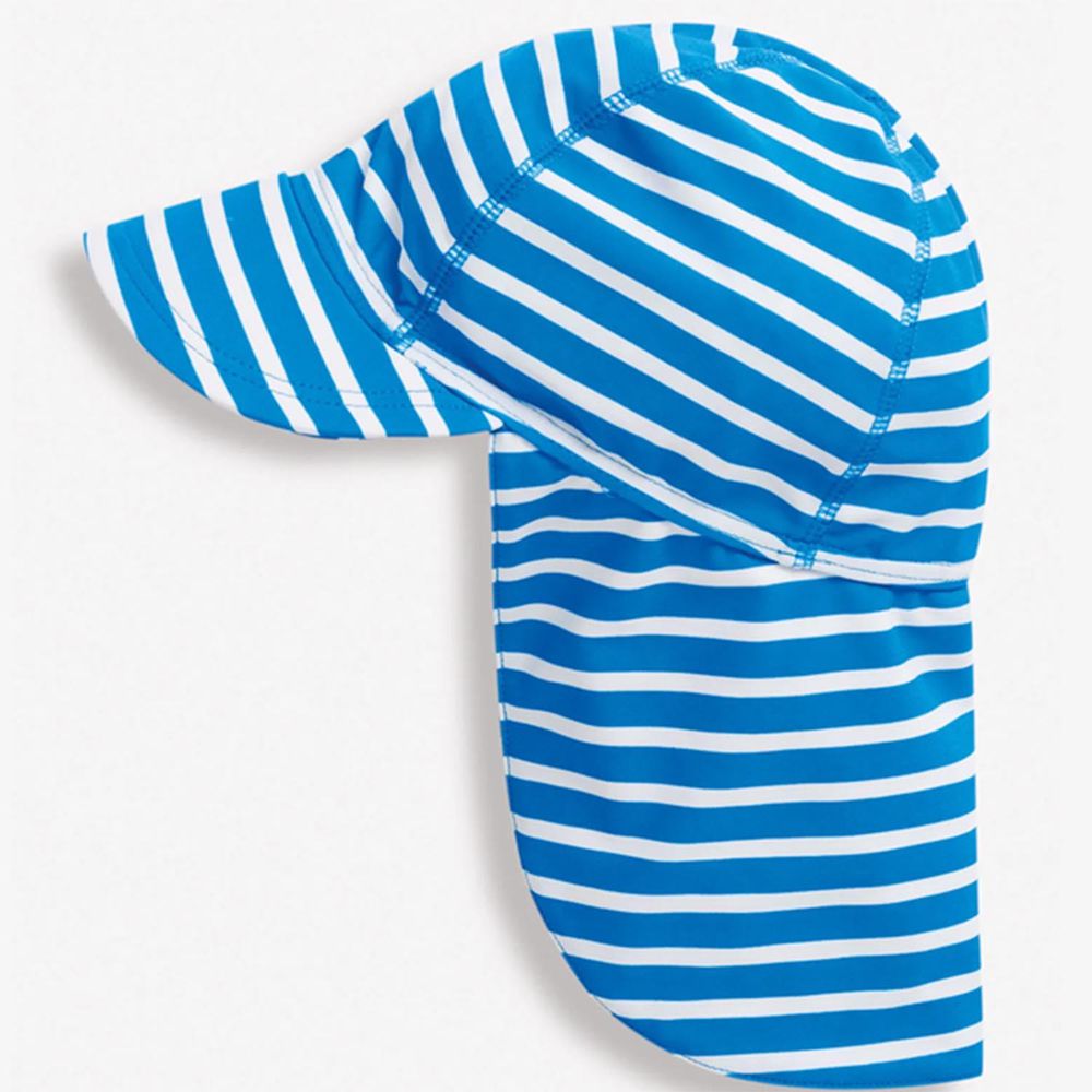 英國 JoJo Maman BeBe - 嬰幼兒/兒童泳裝戲水UPF50+防曬護頸遮陽帽-水藍條紋