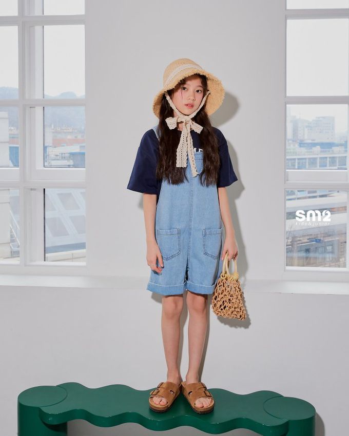 韓國 sm2 - 反折褲管丹寧吊帶連身褲-淺藍