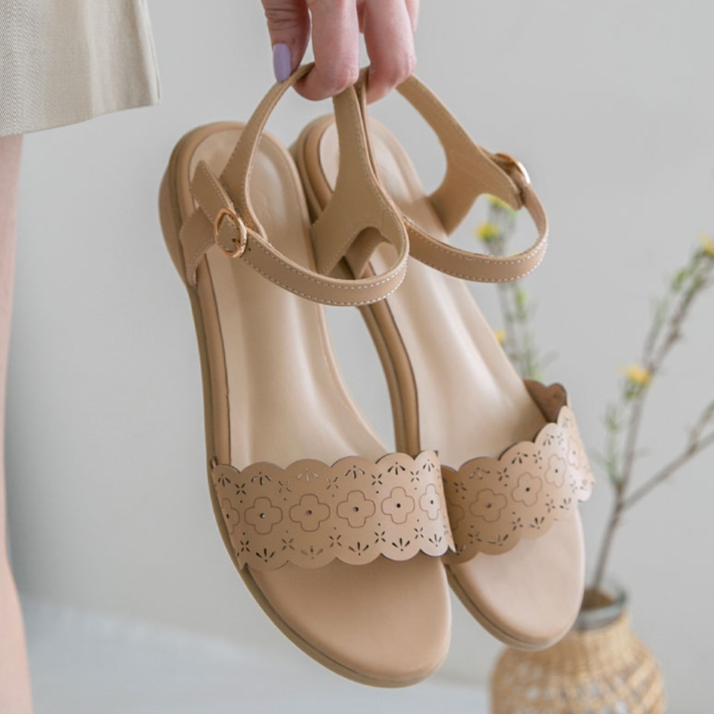 花紋寬帶軟底輕量涼鞋(4cm)-卡其杏