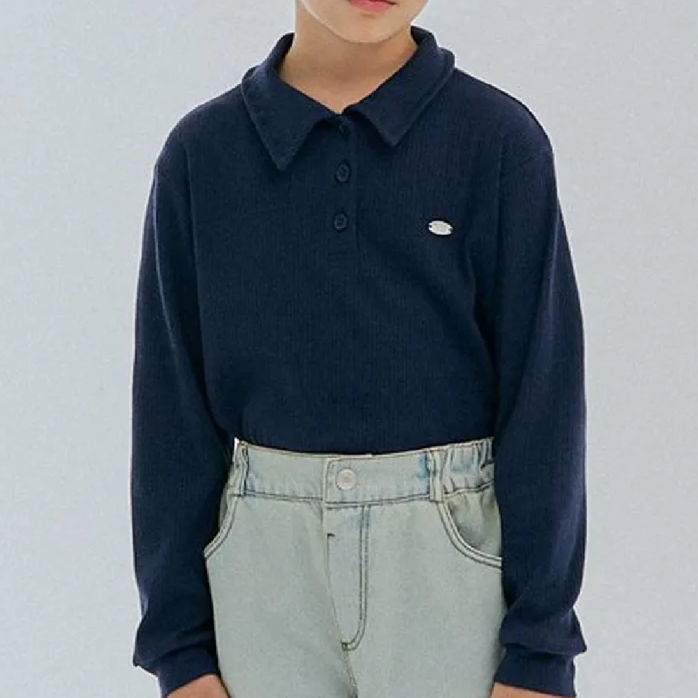 金屬裝飾直坑條翻領長袖上衣-深藍