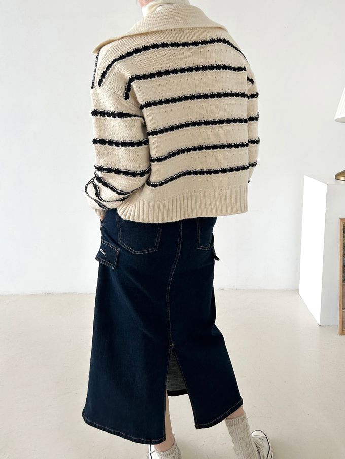 韓國女裝連線 - 勾線條紋針織翻領外套-黑底X米白 (FREE)