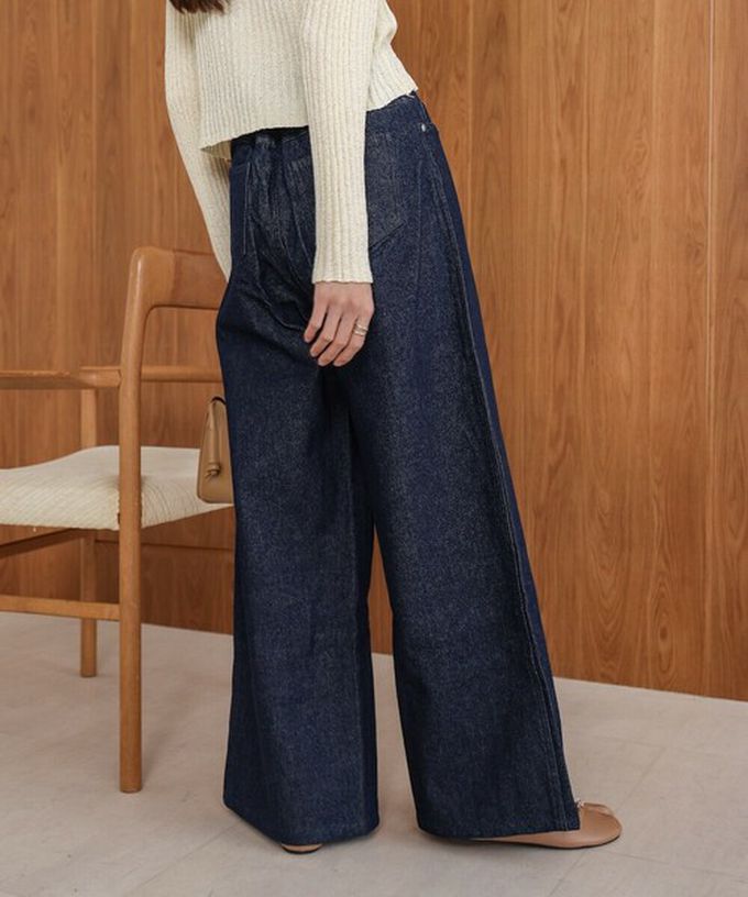 日本 Bab - 腳長效果 摺線丹寧印度棉寬褲-深灰