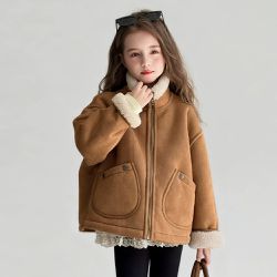 TUTU - 加厚保暖毛領麂皮絨外套-棕色