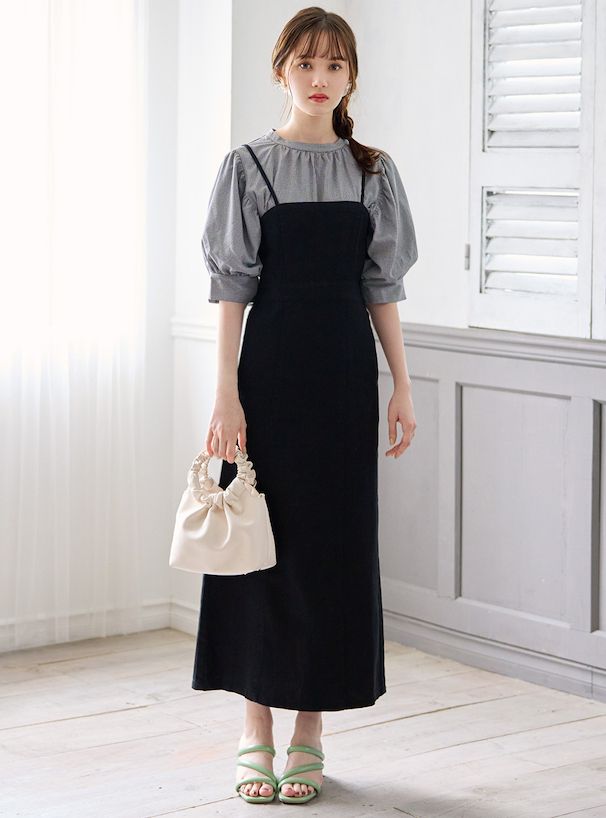 日本 GRL - 文藝浪漫後鬆緊吊帶裙-簡約黑