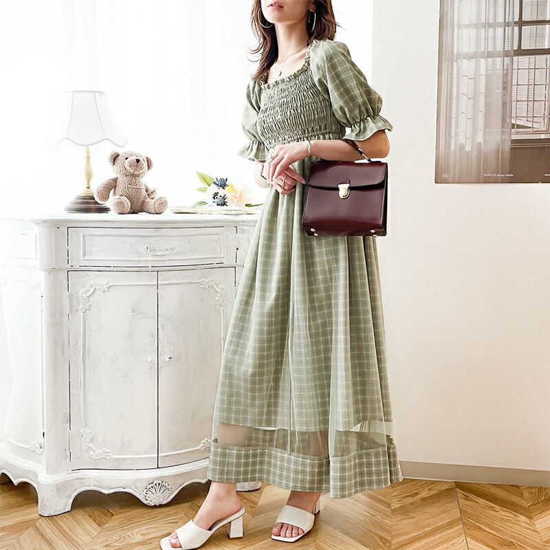 日本 Classical Elf - 歐風文藝泡泡袖紗拼接洋裝-格紋-草綠