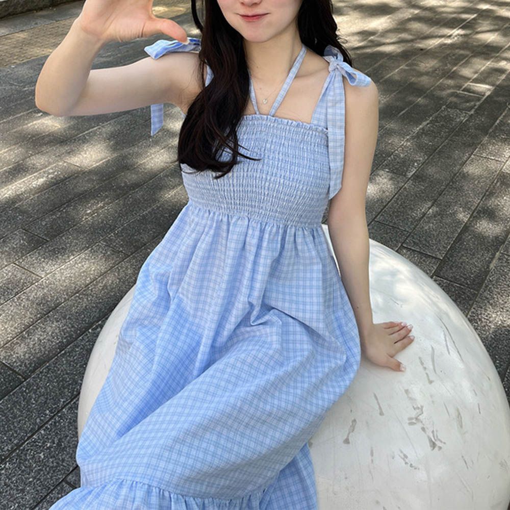 甜心肩蝴蝶結皺摺格紋無袖洋裝(綁帶可拆)-(綁帶可拆)-水藍 (F)